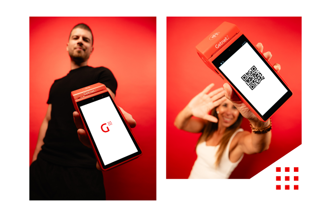 Dos personas mostrando terminales rojas de Getnet, una con pantalla de inicio y otra con código QR, sobre fondo rojo.
