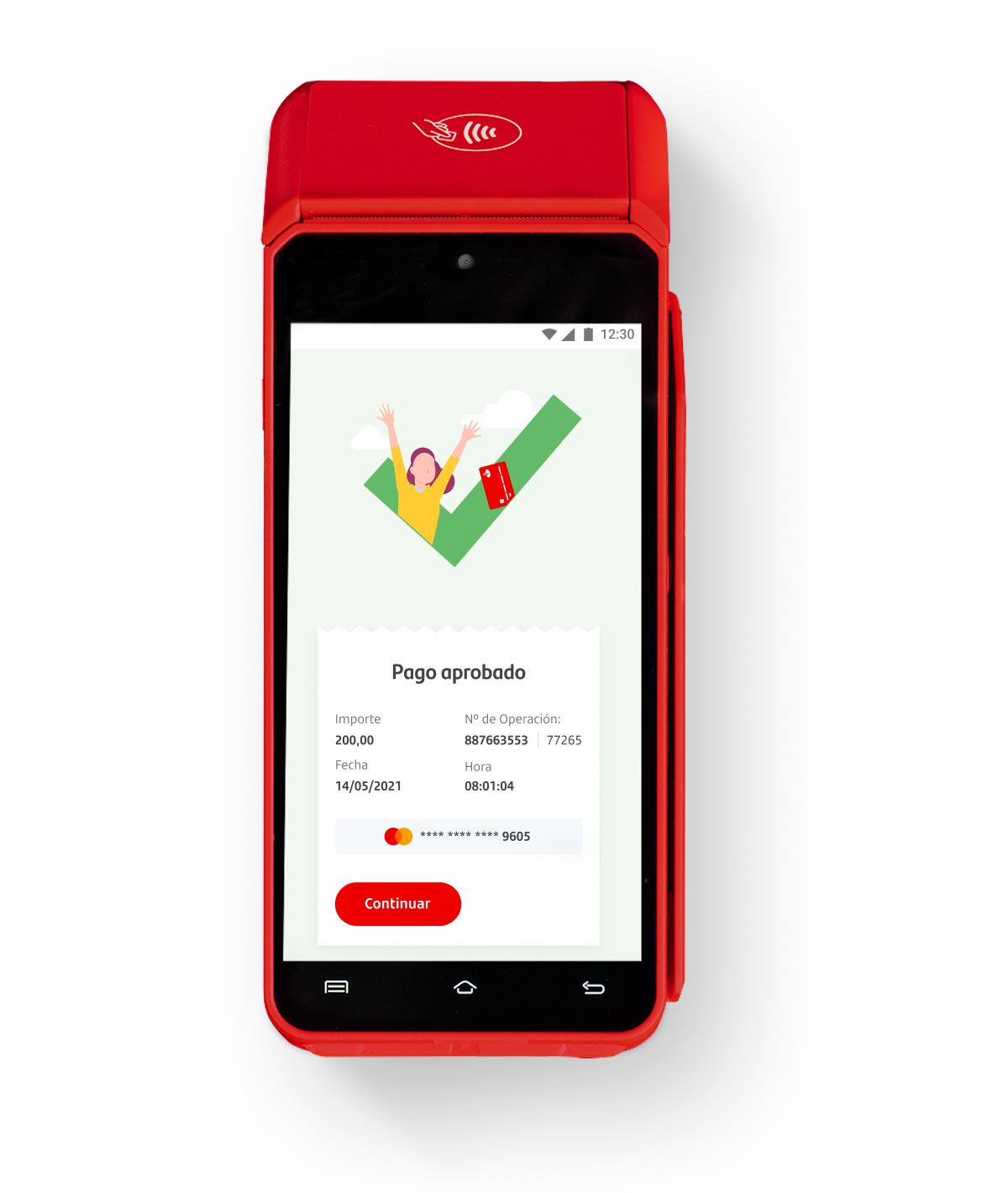 Terminal Get Smart POS roja con pantalla mostrando un Pago aprobado.
