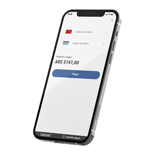 Teléfono móvil mostrando la pantalla de pago con opciones de tarjeta de crédito y débito, el importe ARS $141,00 y el botón azul ‘Pagar’.
