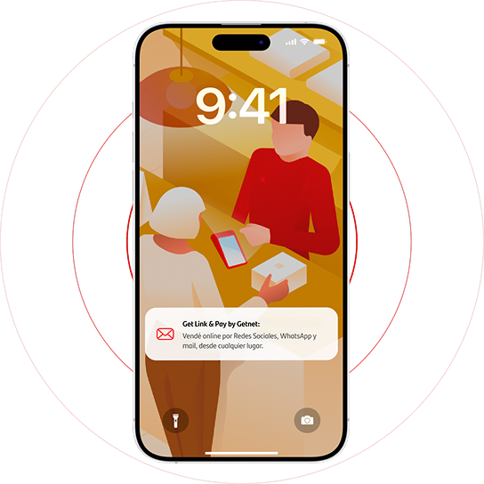 Pantalla de celular mostrando una notificación de Get Link & Pay de Getnet sobre un fondo ilustrado.