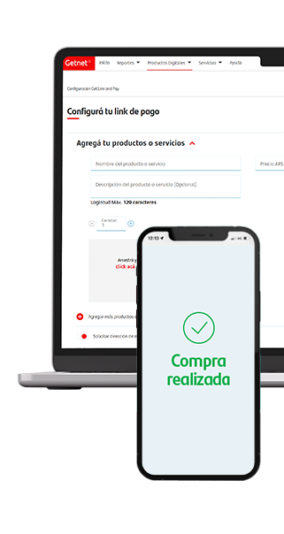 Notebook con el Getnet Portal abierto y un smartphone al frente mostrando la pantalla de ‘Compra realizada’.