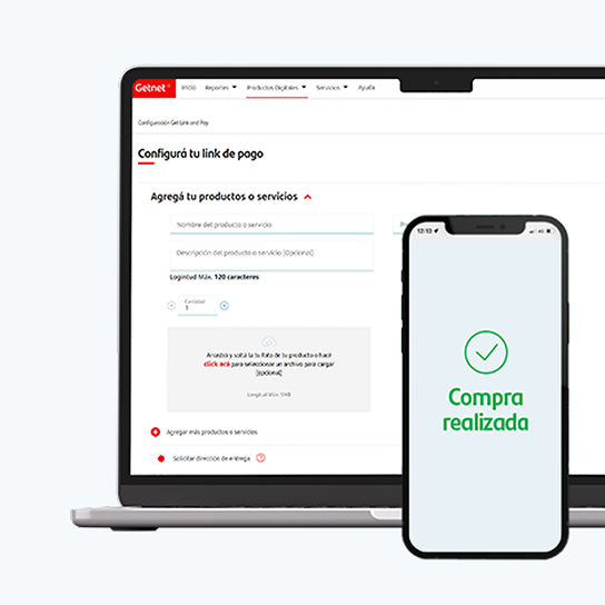 Laptop con pantalla mostrando la configuración de un link de pago y un celular con mensaje de compra realizada.